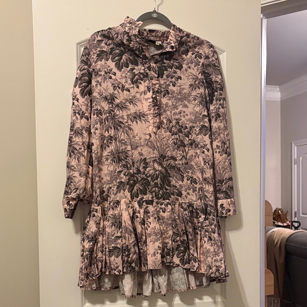 Tuckernuck Pink and Black Long Sleeve Floral Ruffle Dress